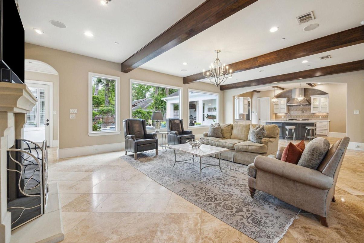 Chandelier, Fireplace, Interior, Kitchen, Living room, Pendant Lights, Recessed Lighting, Wooden Beams