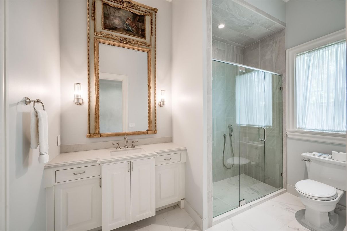 Bathroom, Glass Shower, Interior, Marble, Recessed Lighting