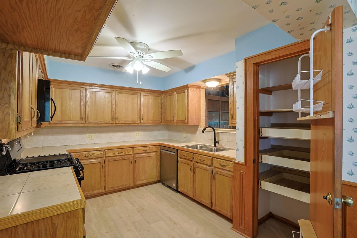 Interior, Kitchen, Tile Countertops, Wood Texture Flooring