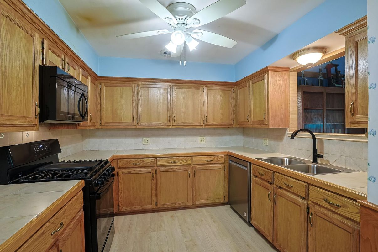 Interior, Kitchen, Tile Countertops, Wood Texture Flooring