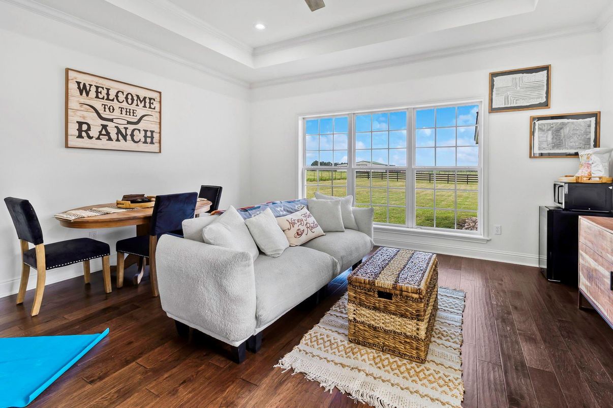 Dining room, Interior, Living room, Recessed Lighting, Wood Texture Flooring