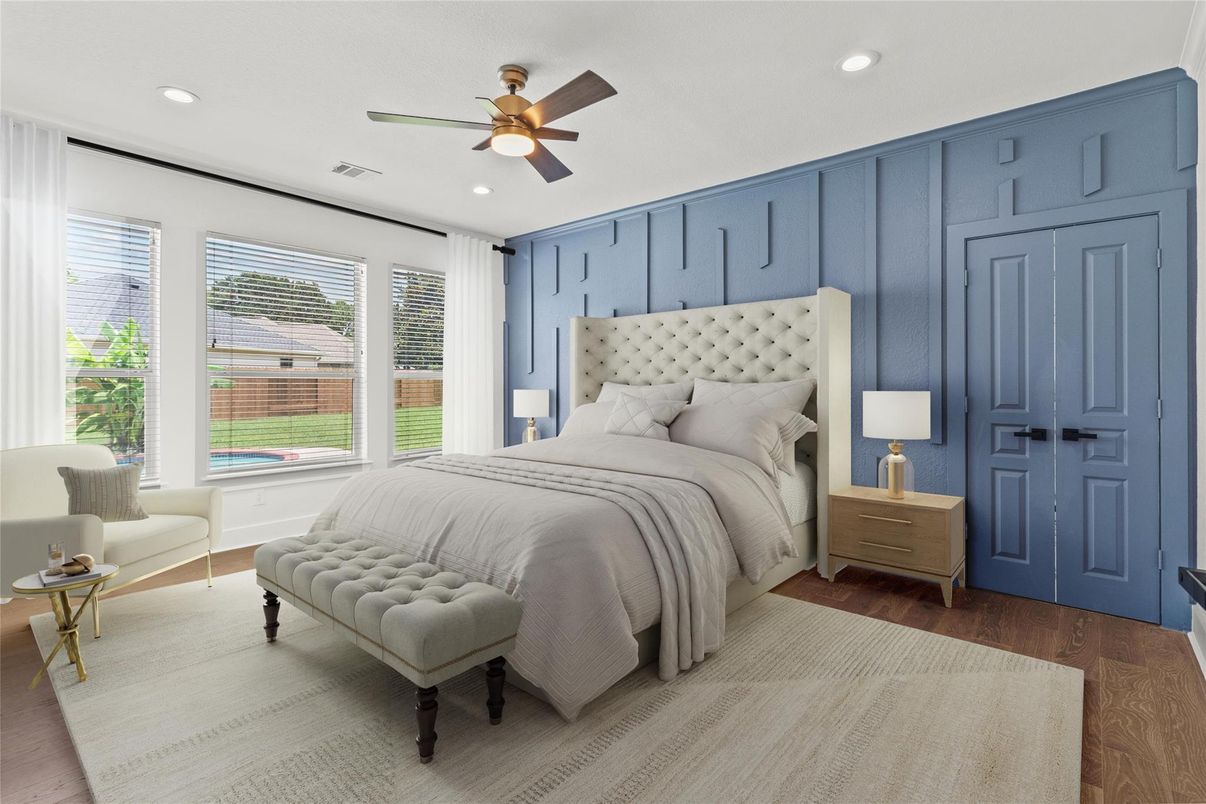 Bedroom, Interior, Recessed Lighting, Wood Texture Flooring