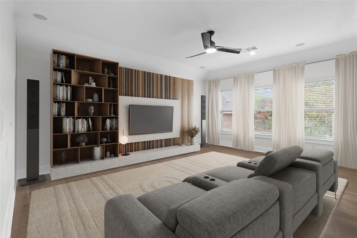 Home Theatre Room, Interior, Living room, Recessed Lighting, Wood Texture Flooring