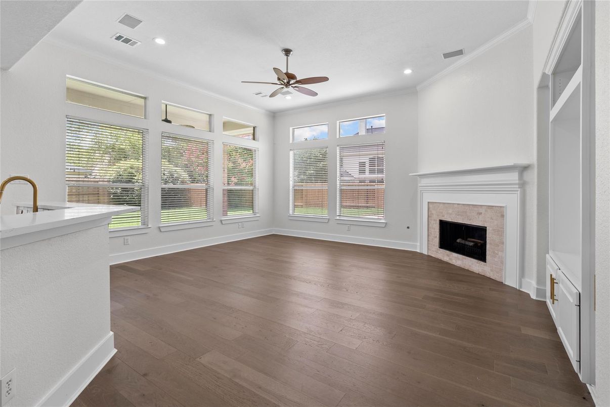 Empty room, Fireplace, Interior, Recessed Lighting, Wood Texture Flooring