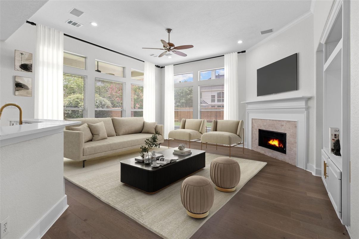 Fireplace, Interior, Living room, Recessed Lighting, Wood Texture Flooring