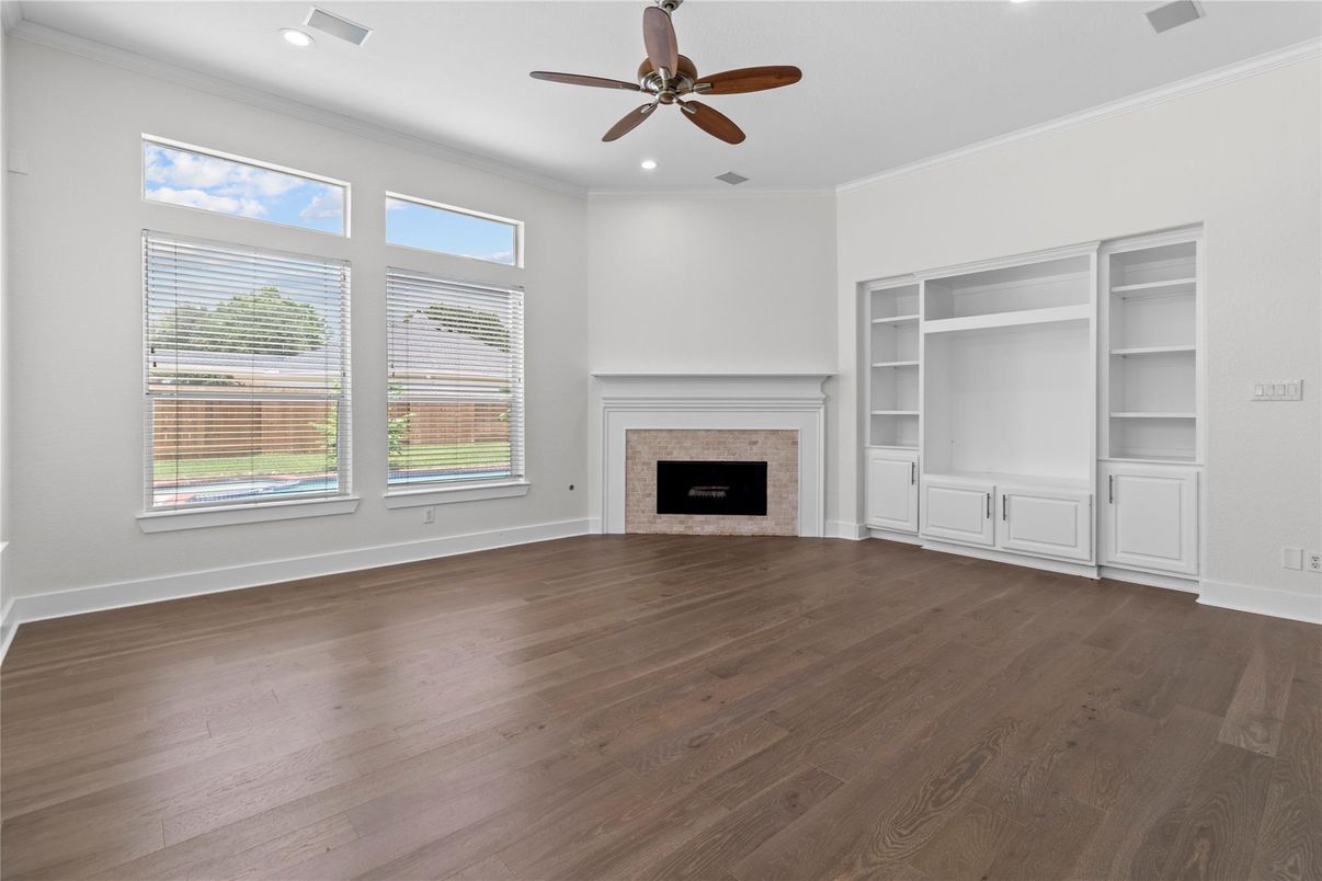 Empty room, Fireplace, Interior, Recessed Lighting, Wood Texture Flooring