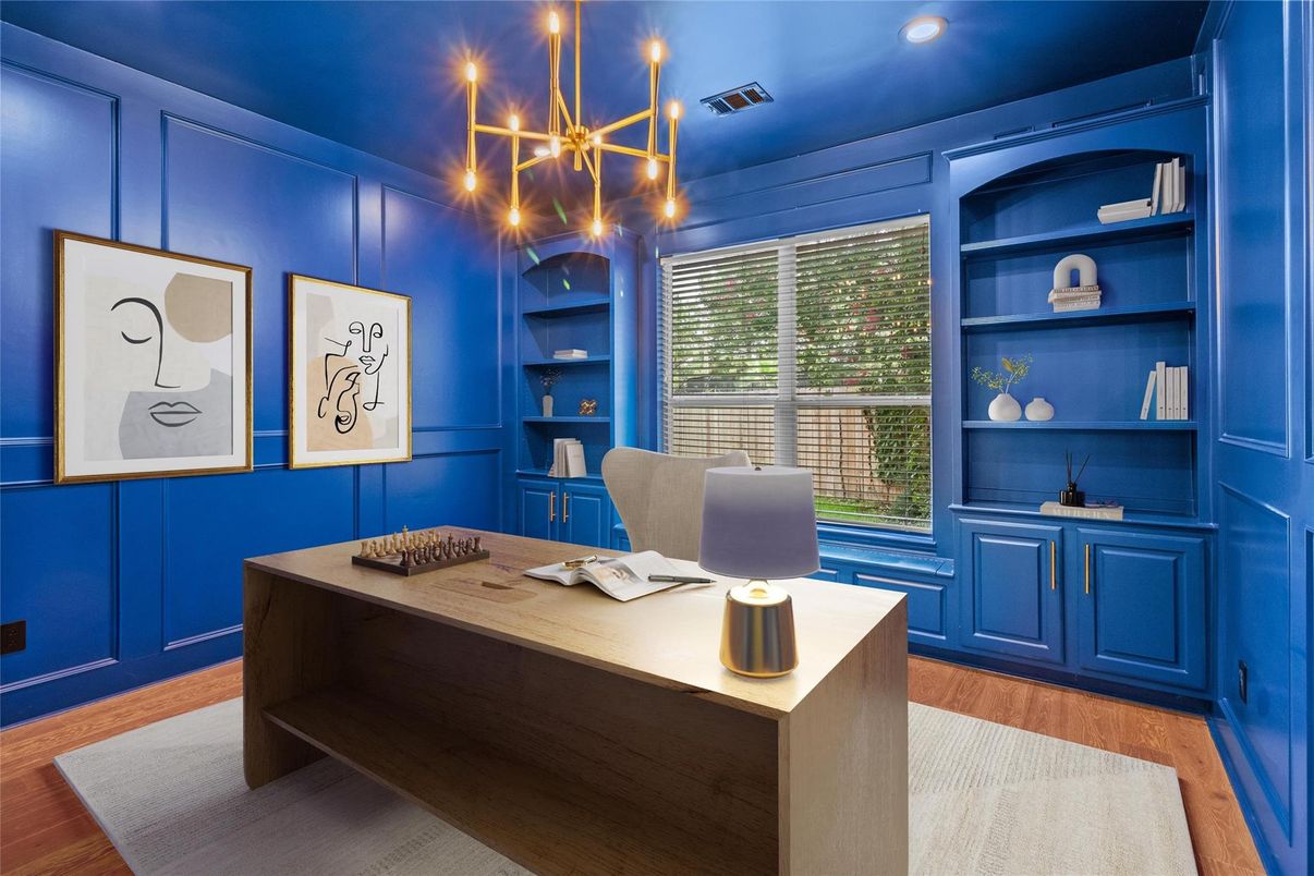 Home Office, Interior, Pendant Lights, Recessed Lighting, Wood Texture Flooring