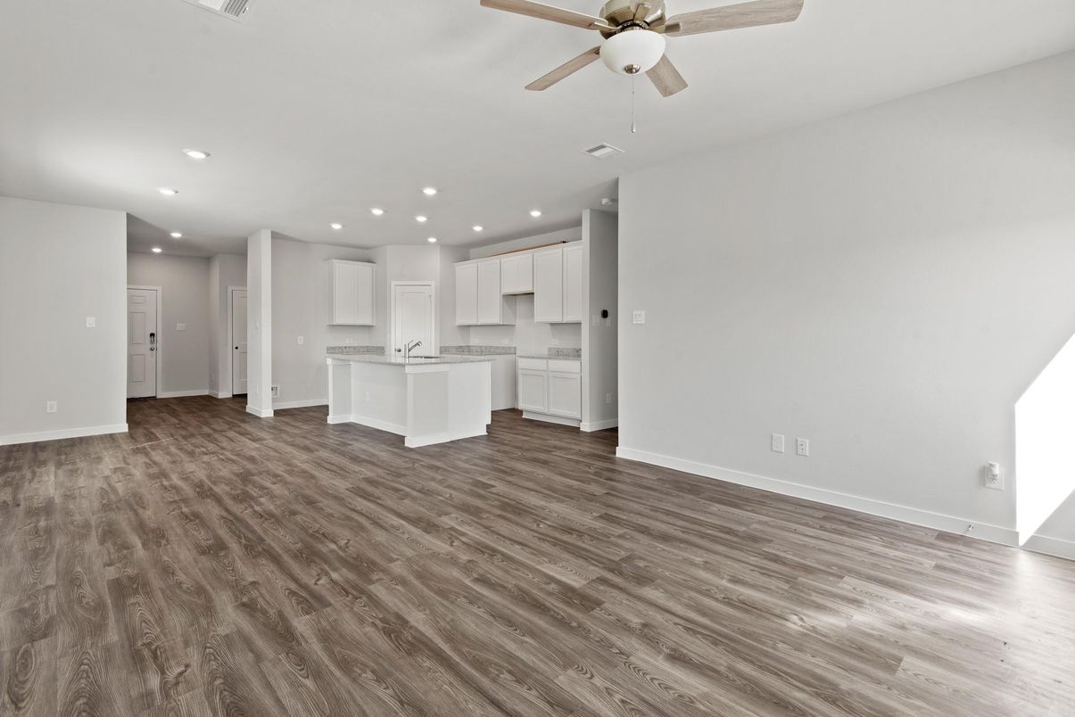 Empty room, Interior, Kitchen, Recessed Lighting, Wood Texture Flooring