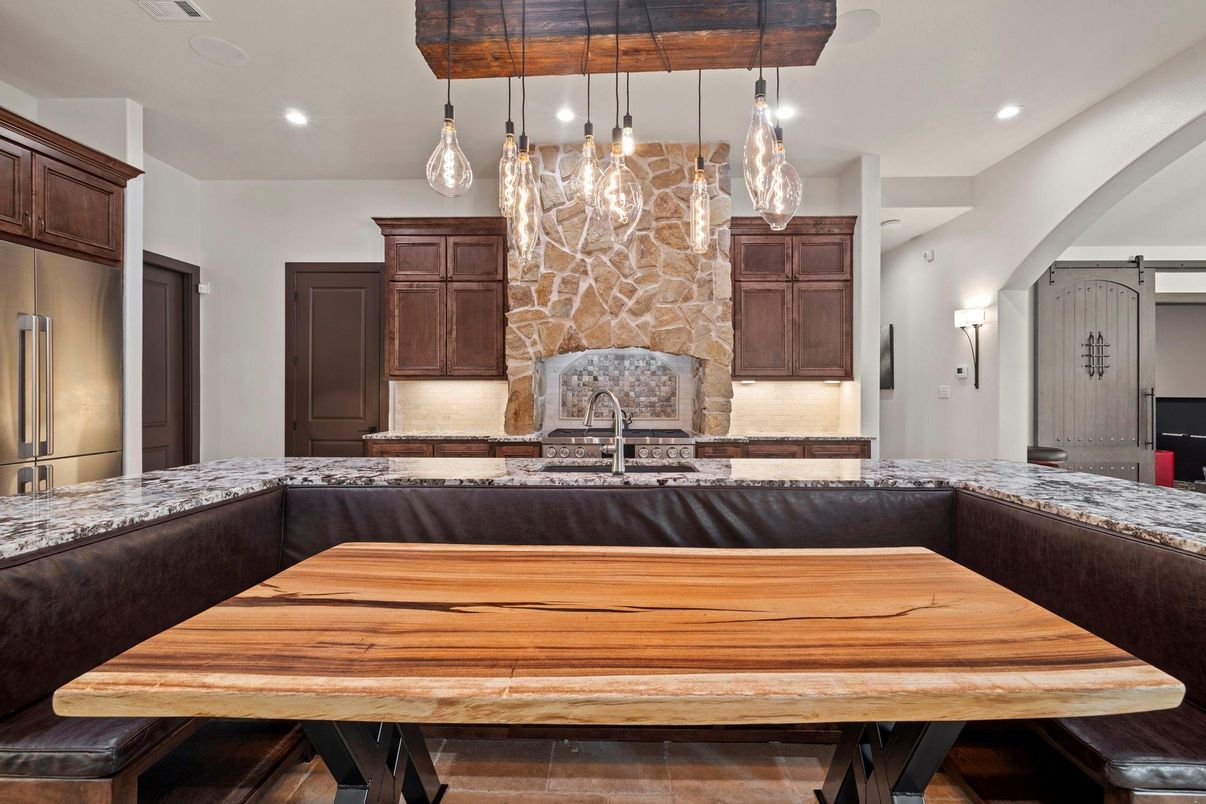 Dining room, Fireplace, Interior, Kitchen, Pendant Lights, Recessed Lighting