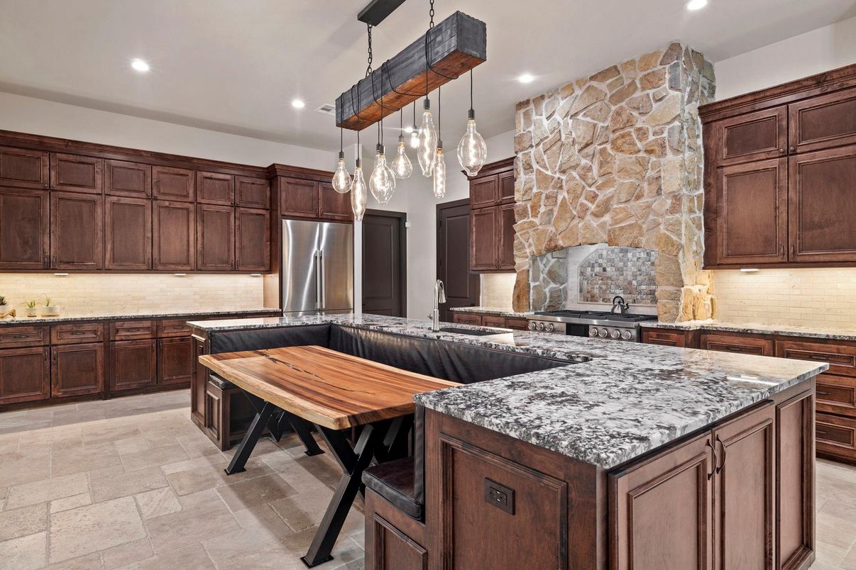 Interior, Kitchen, Pendant Lights, Recessed Lighting, Stainless Steel Appliances, Stone Walls