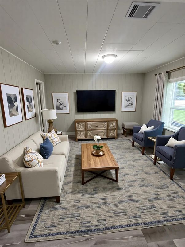 Interior, Living room, Recessed Lighting, Wood Texture Flooring