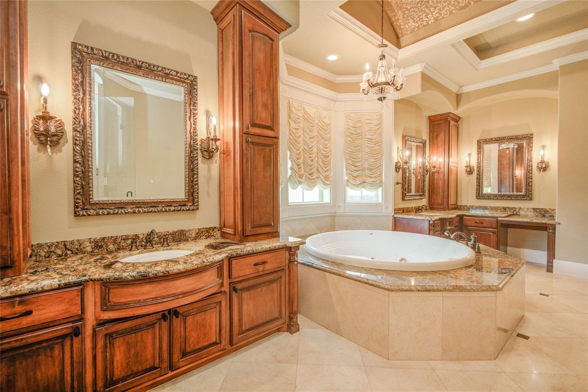 Bathroom, Chandelier, Dual Sink Vanities, Interior, Recessed Lighting