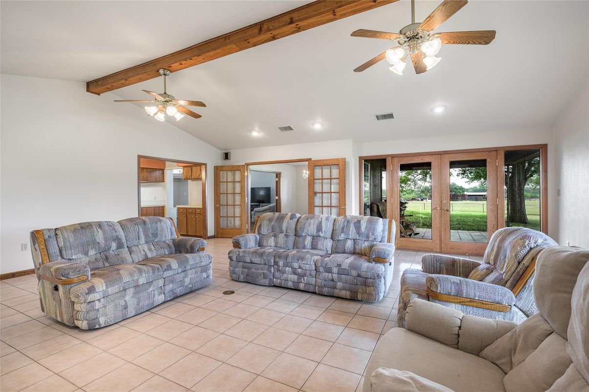 Interior, Living room, Recessed Lighting, Wooden Beams