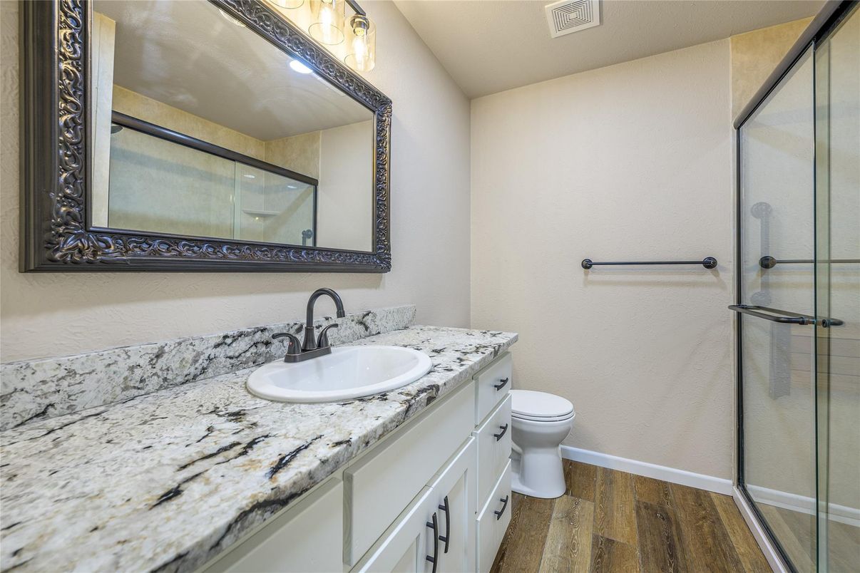 Bathroom, Glass Shower, Interior, Wood Texture Flooring