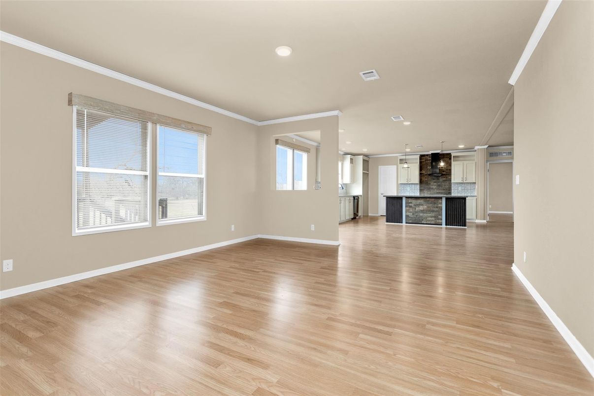 Empty room, Fireplace, Interior, Pendant Lights, Recessed Lighting, Wood Texture Flooring