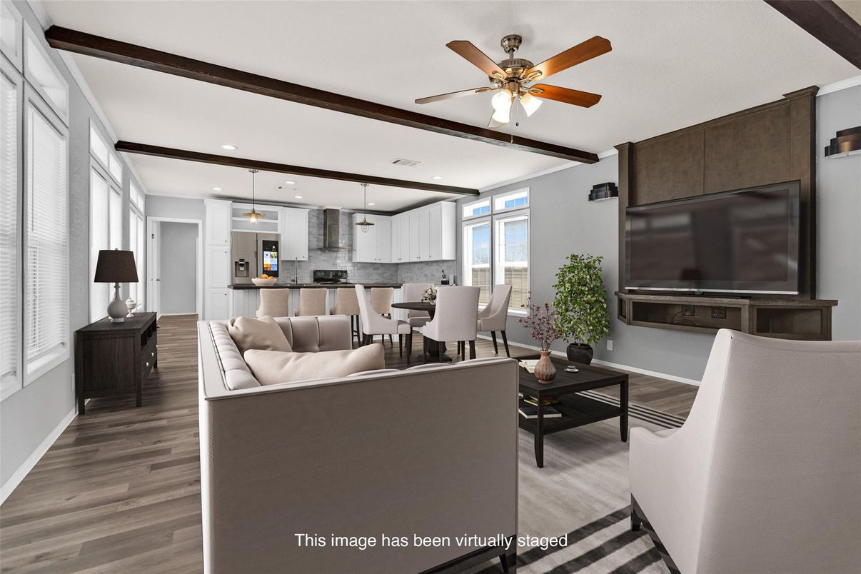 Dining room, Interior, Kitchen, Living room, Pendant Lights, Recessed Lighting, Stainless Steel Appliances, Wood Texture Flooring