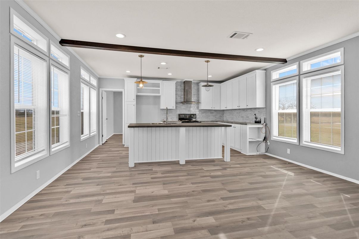 Interior, Kitchen, Pendant Lights, Recessed Lighting, Wood Texture Flooring