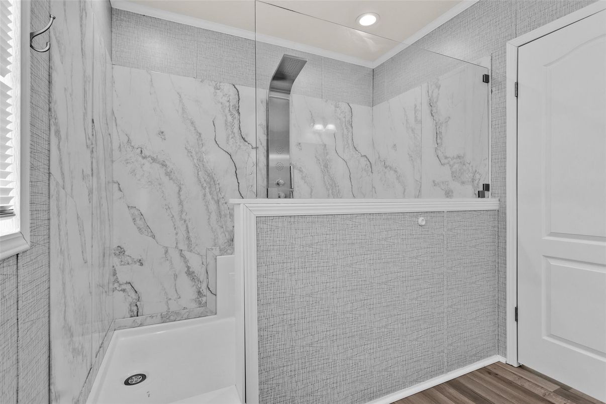Bathroom, Interior, Marble Walls, Recessed Lighting, Wood Texture Flooring