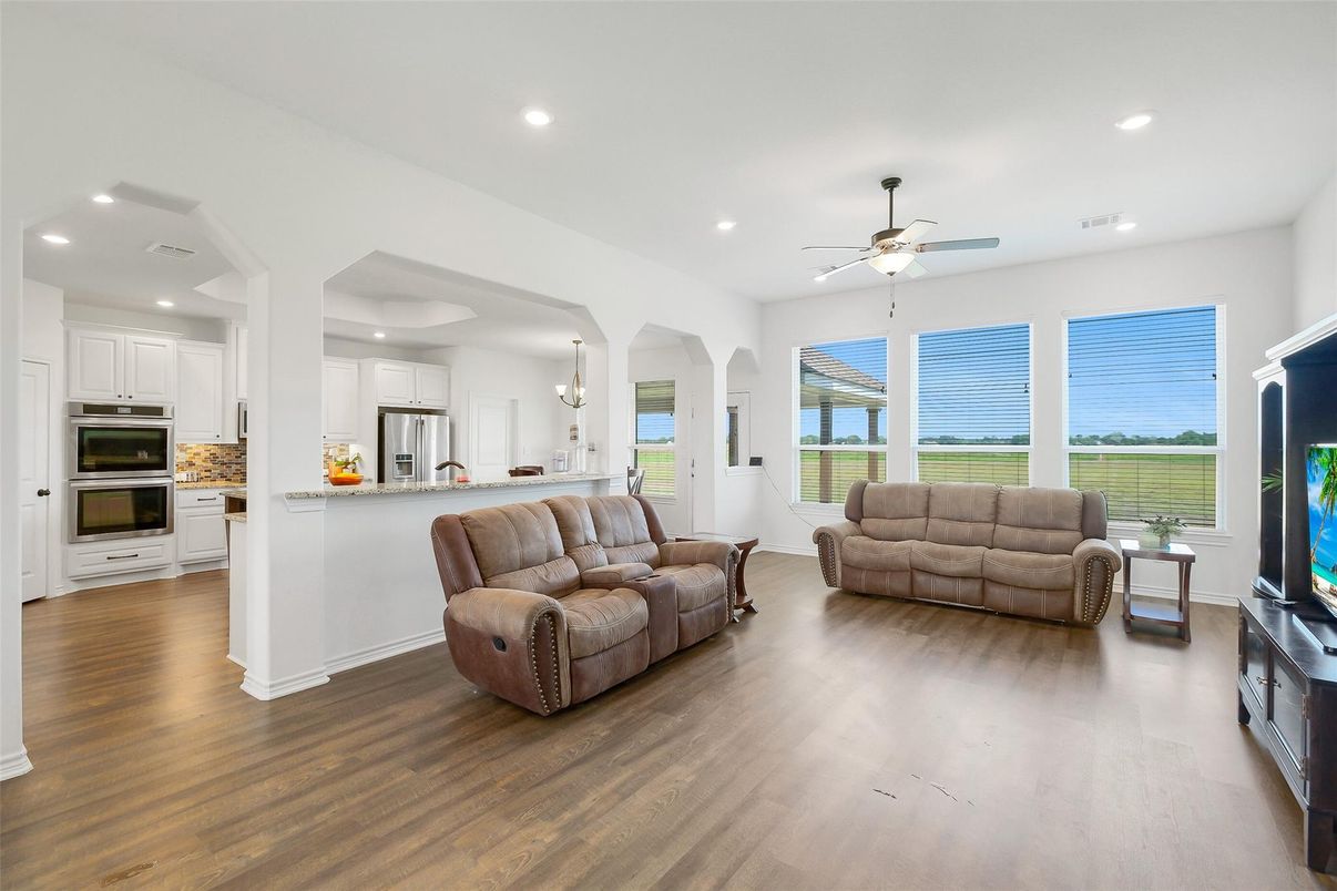 Interior, Kitchen, Living room, Recessed Lighting, Stainless Steel Appliances, Wood Texture Flooring