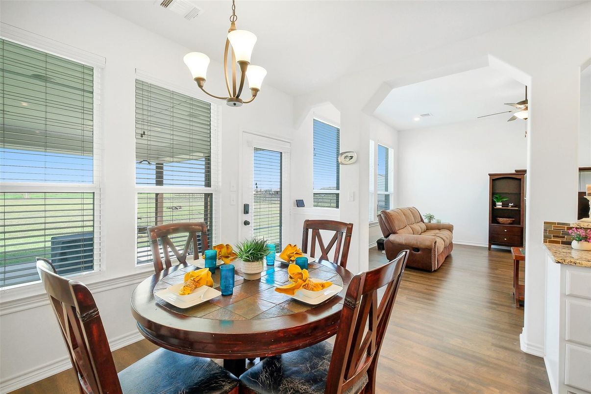 Dining room, Interior, Pendant Lights, Recessed Lighting, Wood Texture Flooring