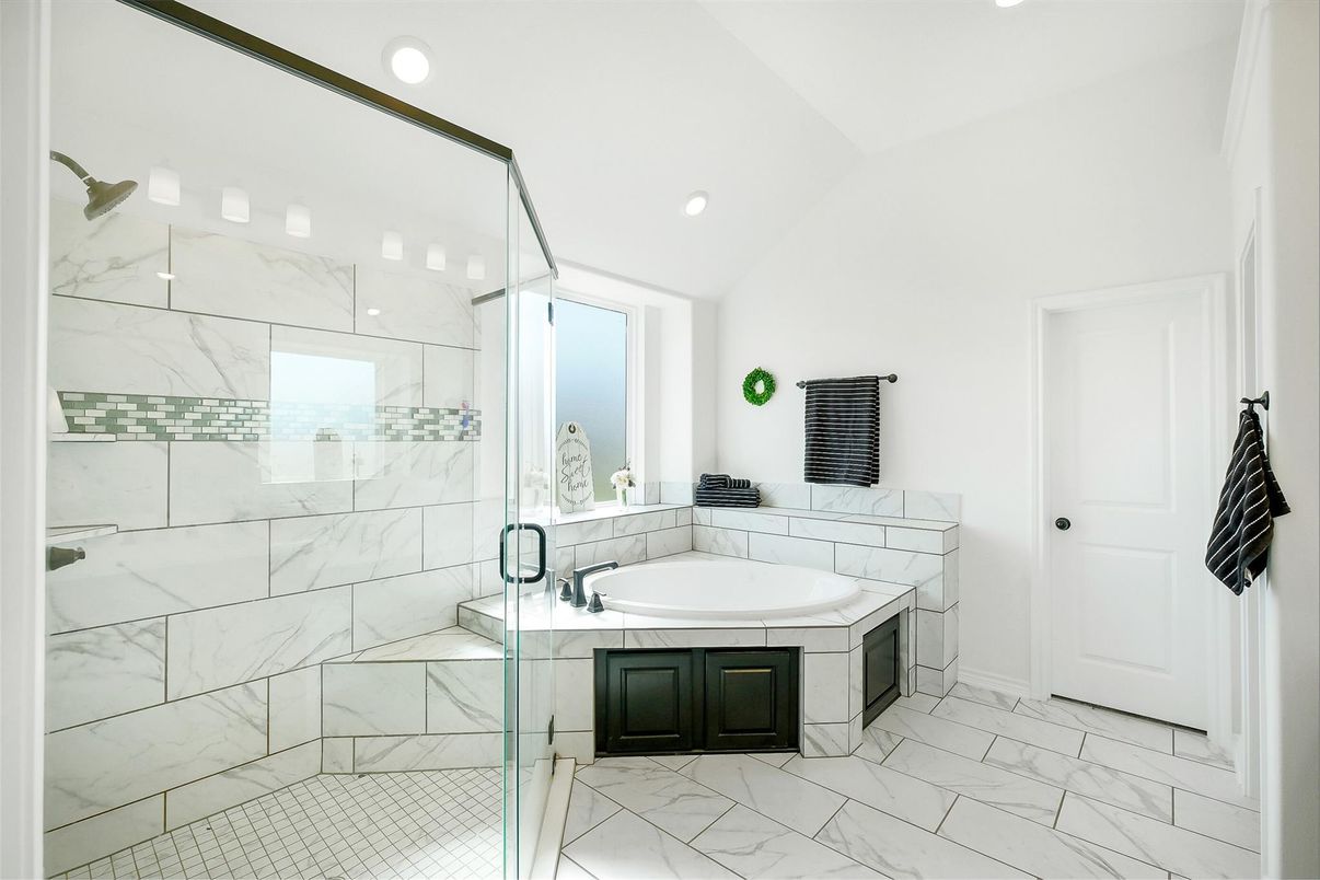 Bathroom, Glass Shower, Interior, Marble, Marble Walls, Recessed Lighting