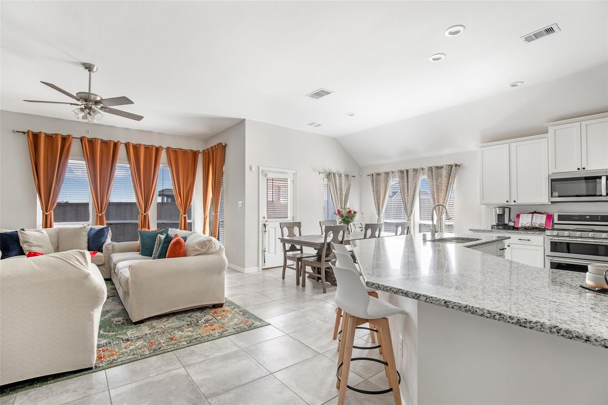 Dining room, Interior, Kitchen, Living room, Recessed Lighting, Stainless Steel Appliances