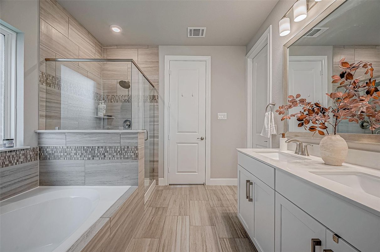 Bathroom, Dual Sink Vanities, Glass Shower, Interior, Recessed Lighting