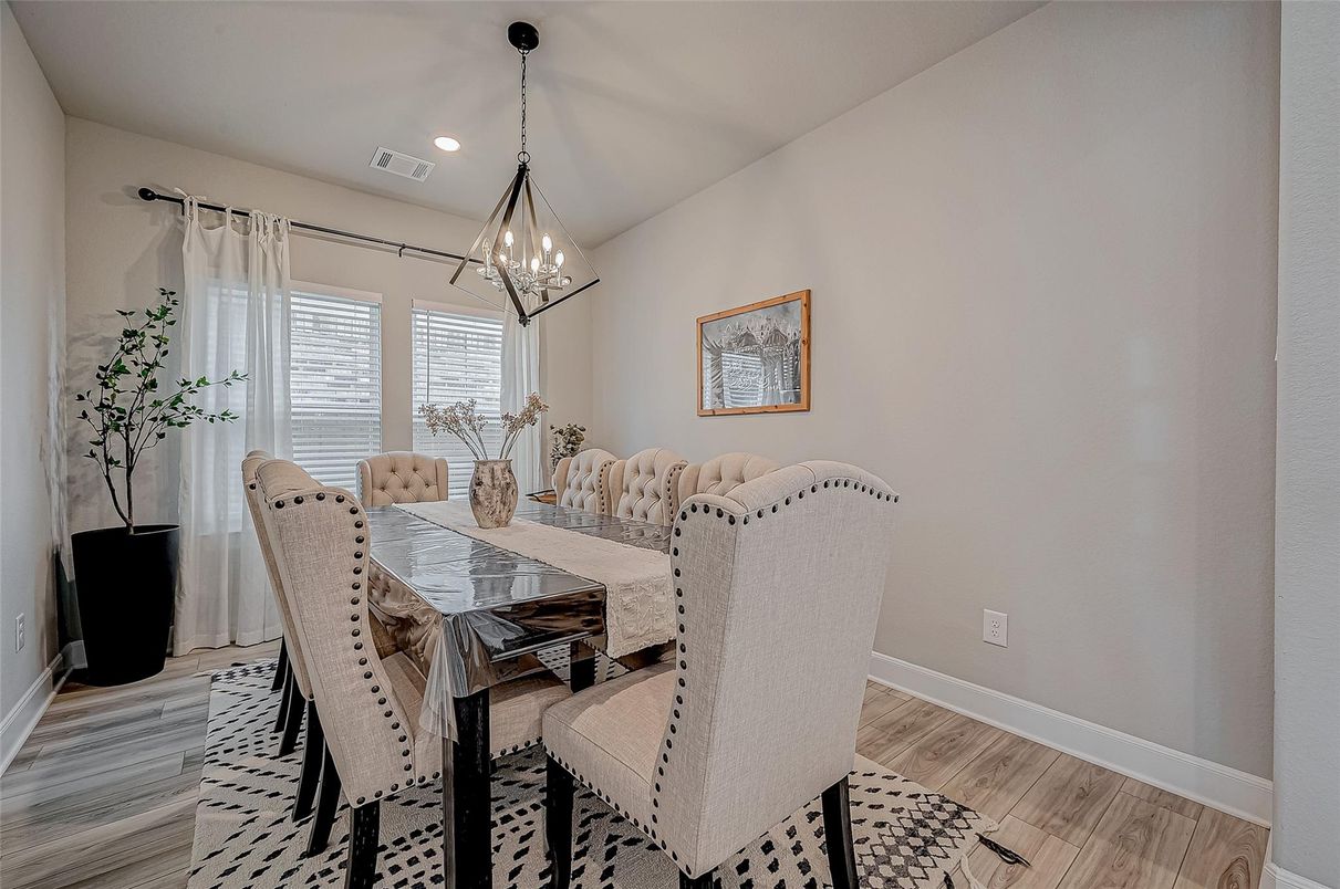 Dining room, Interior, Pendant Lights, Recessed Lighting, Wood Texture Flooring