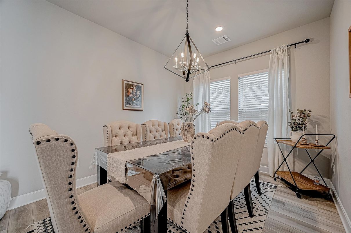 Dining room, Interior, Pendant Lights, Recessed Lighting, Wood Texture Flooring
