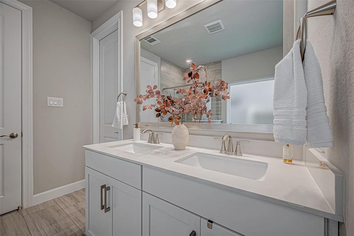 Bathroom, Dual Sink Vanities, Interior, Wood Texture Flooring