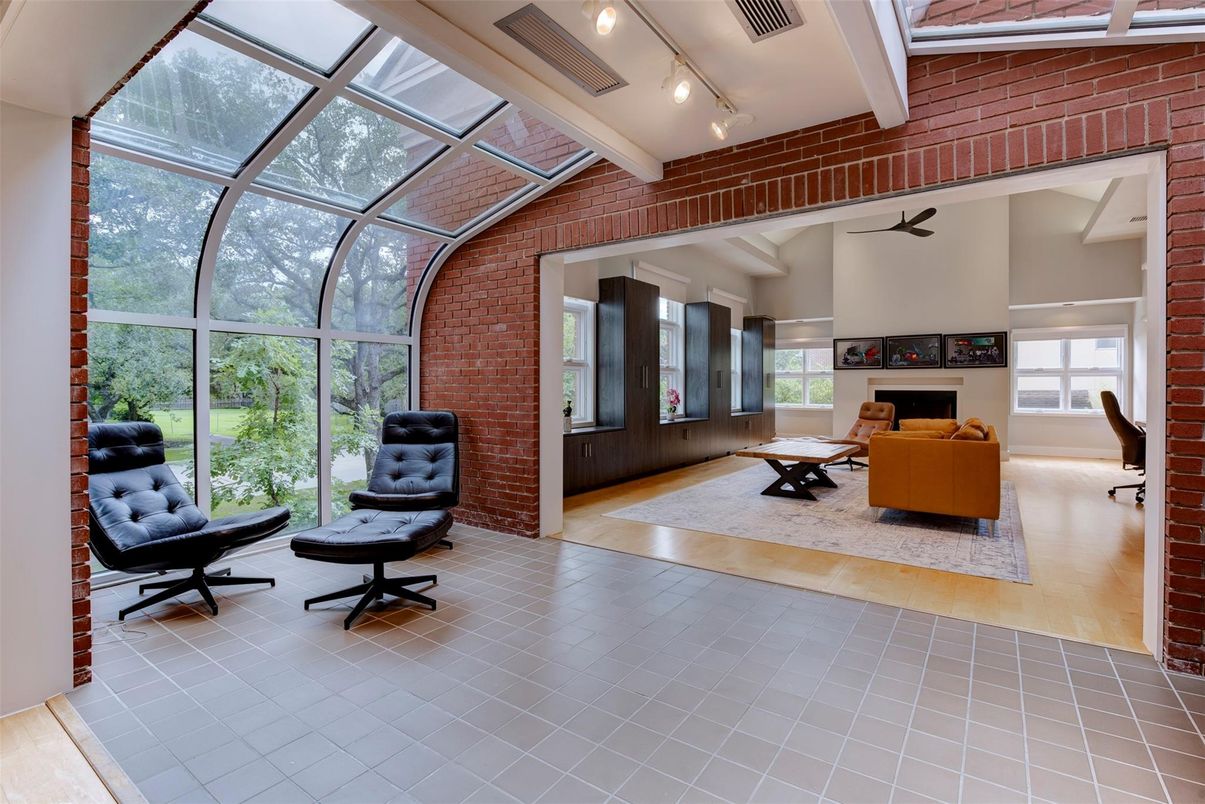 Fireplace, Glass Ceilings, Interior, Stone Walls, Sun Room