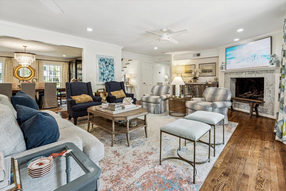 Chandelier, Dining room, Fireplace, Interior, Living room, Recessed Lighting, Wood Texture Flooring