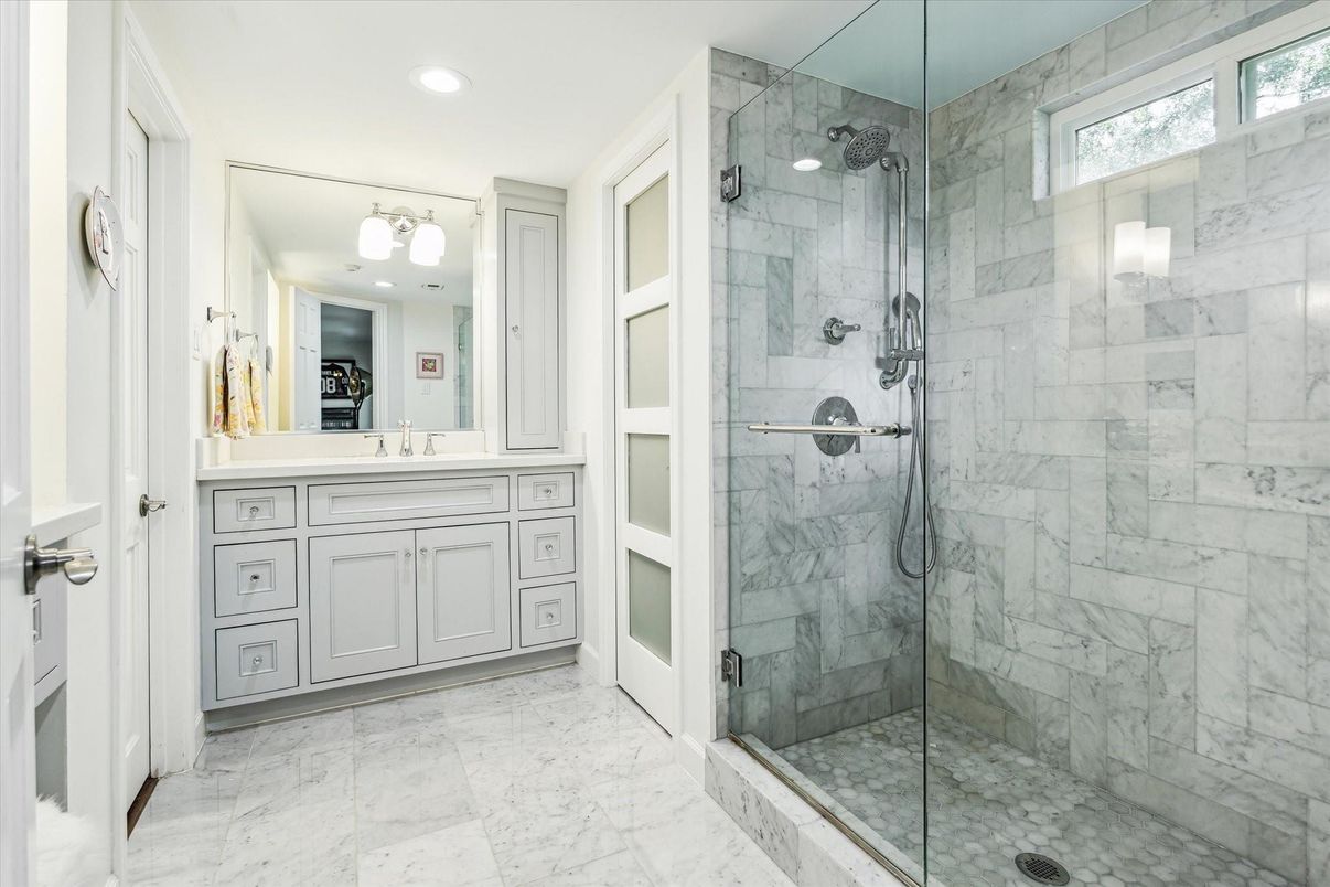 Bathroom, Glass Shower, Interior, Marble, Marble Walls, Recessed Lighting