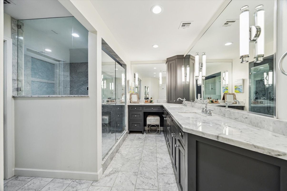 Bathroom, Dual Sink Vanities, Glass Shower, Interior, Marble, Recessed Lighting