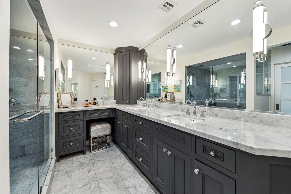 Bathroom, Dual Sink Vanities, Glass Shower, Interior, Marble, Recessed Lighting
