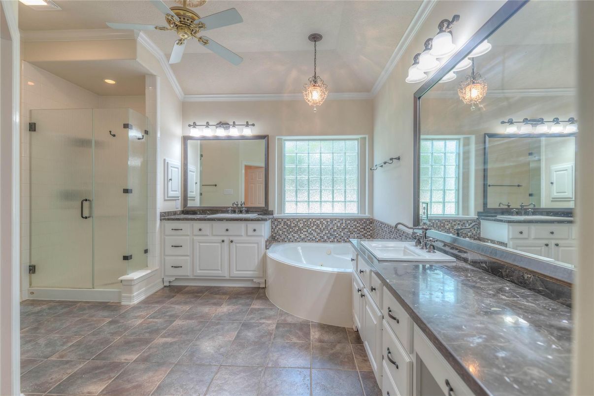 Bathroom, Dual Sink Vanities, Glass Shower, Interior, Pendant Lights, Recessed Lighting