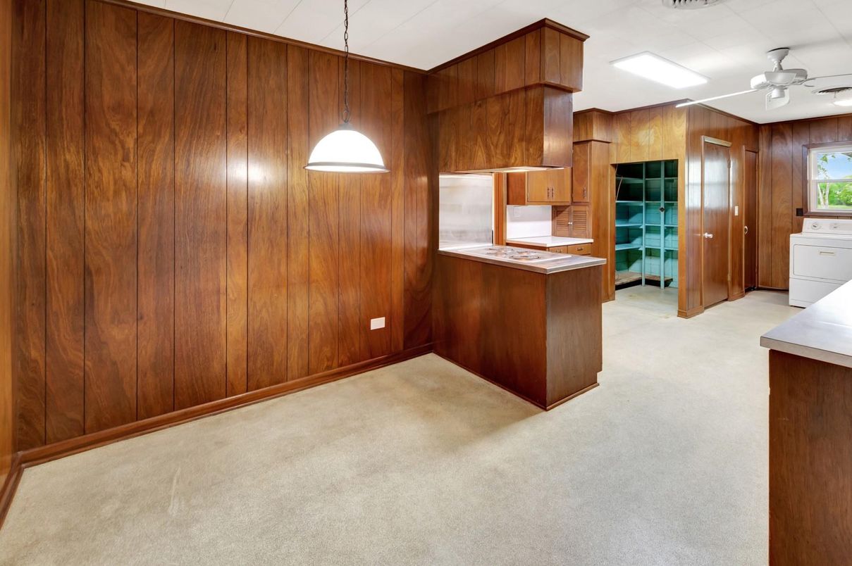 Empty room, Interior, Kitchen, Pendant Lights, Wooden Walls