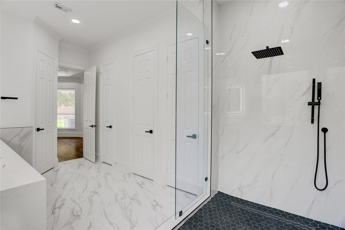 Bathroom, Glass Shower, Interior, Marble, Marble Walls, Recessed Lighting