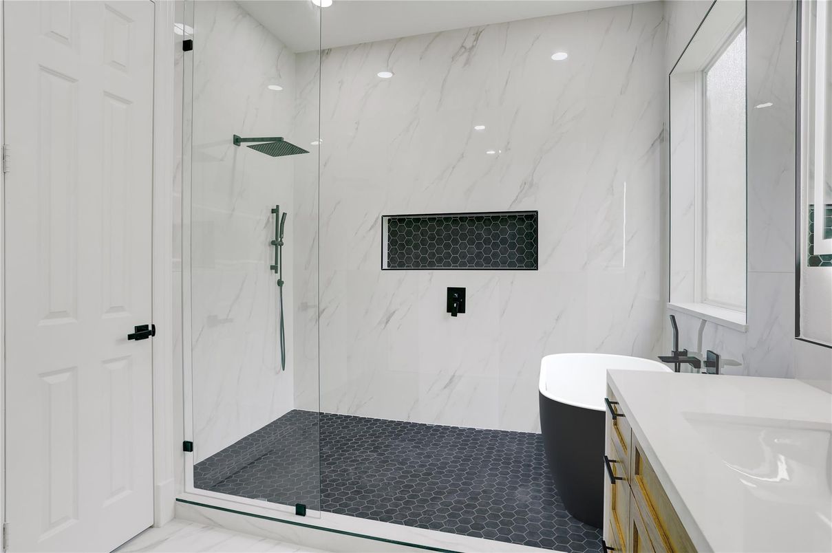 Bathroom, Glass Shower, Interior, Marble Walls, Recessed Lighting