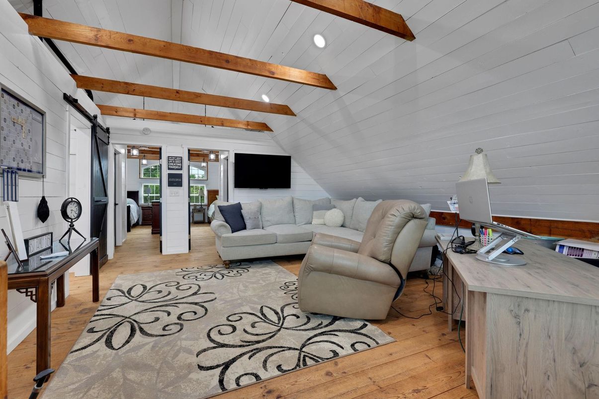 Home Office, Interior, Living room, Recessed Lighting, Wooden Beams, Wood Texture Flooring