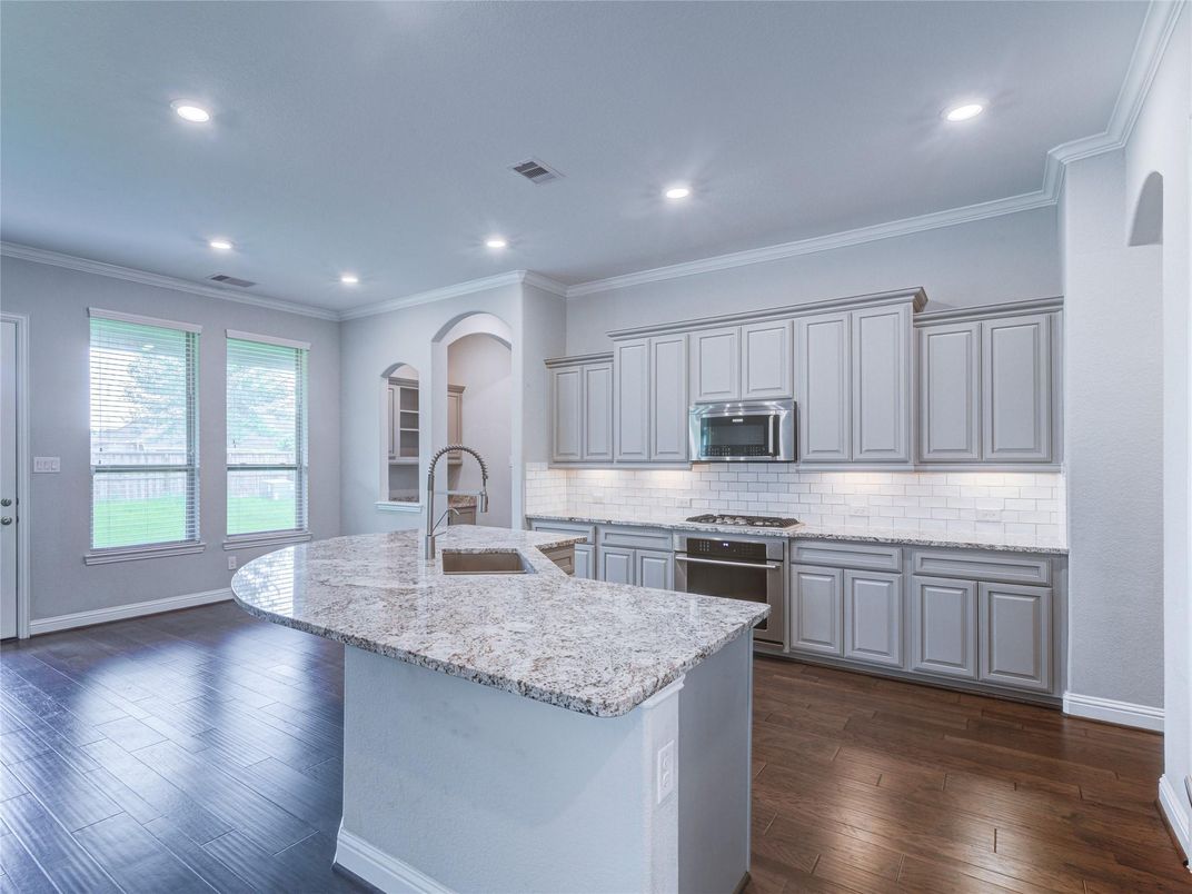 Interior, Kitchen, Recessed Lighting, Stainless Steel Appliances, Wood Texture Flooring