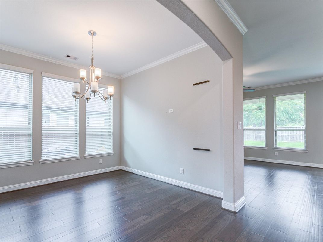 Chandelier, Empty room, Interior, Pendant Lights, Wood Texture Flooring