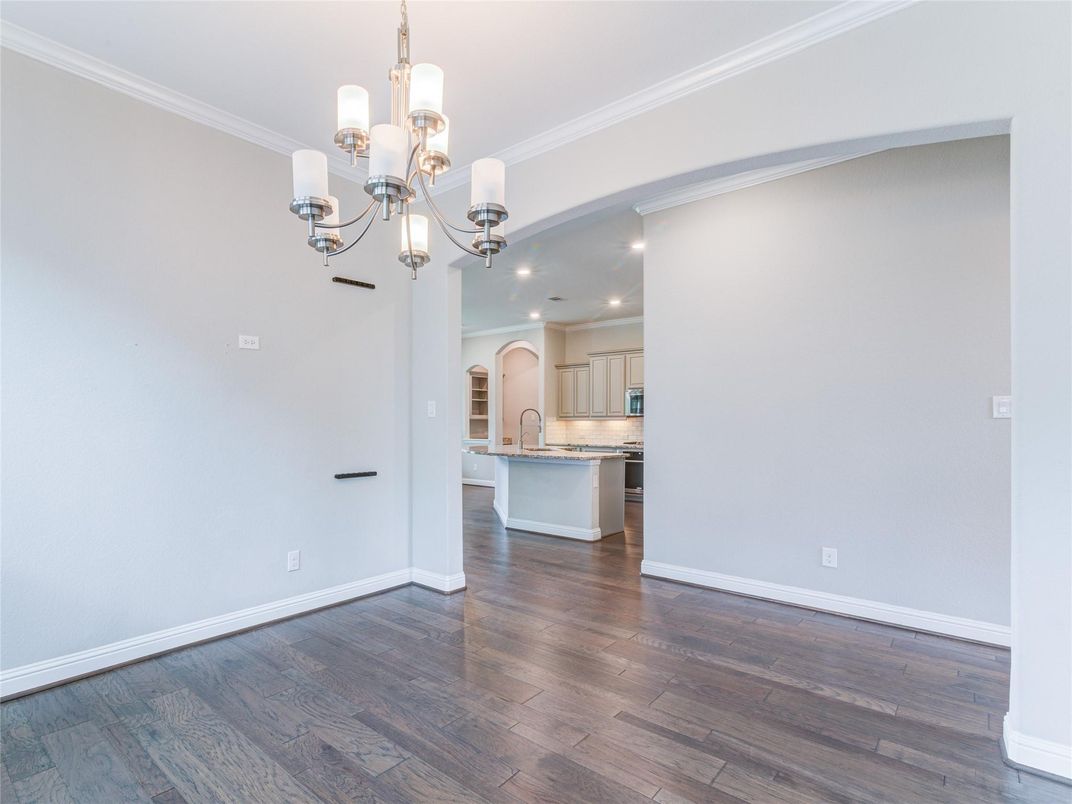 Chandelier, Empty room, Interior, Kitchen, Recessed Lighting, Wood Texture Flooring