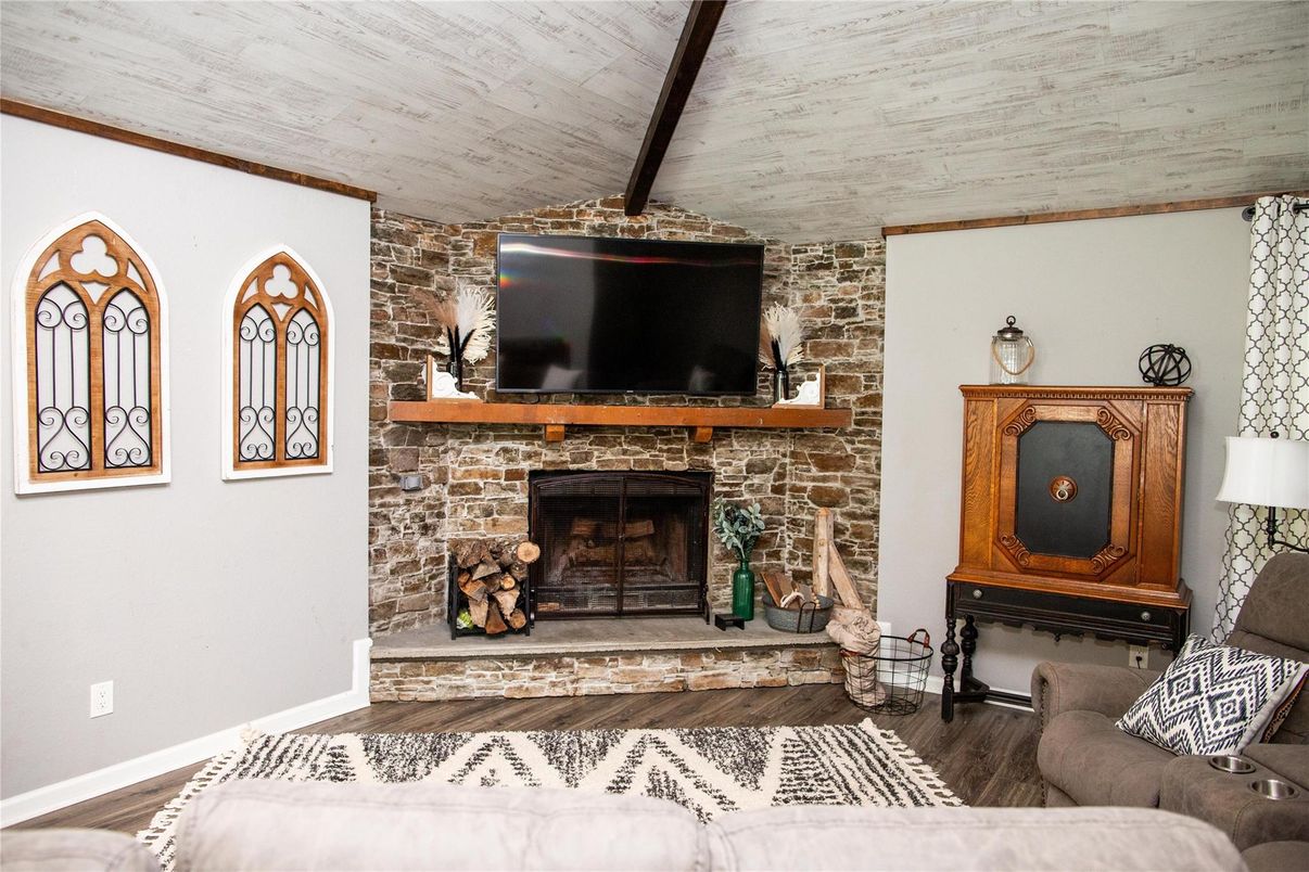 Fireplace, Interior, Living room, Stone Walls, Wood Texture Flooring