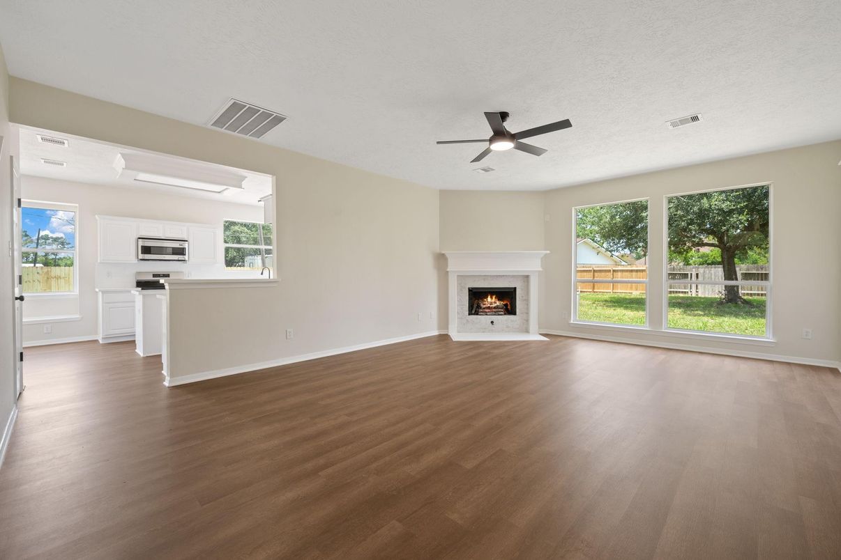 Empty room, Fireplace, Interior, Kitchen, Wood Texture Flooring