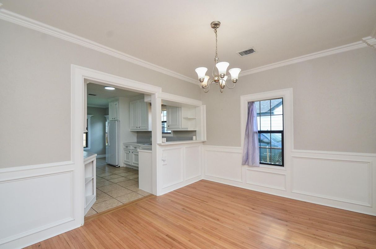 Chandelier, Empty room, Interior, Kitchen, Recessed Lighting, Wood Texture Flooring