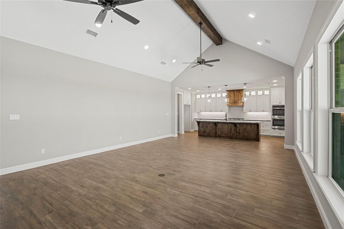 Empty room, Interior, Kitchen, Pendant Lights, Recessed Lighting, Wooden Beams, Wood Texture Flooring
