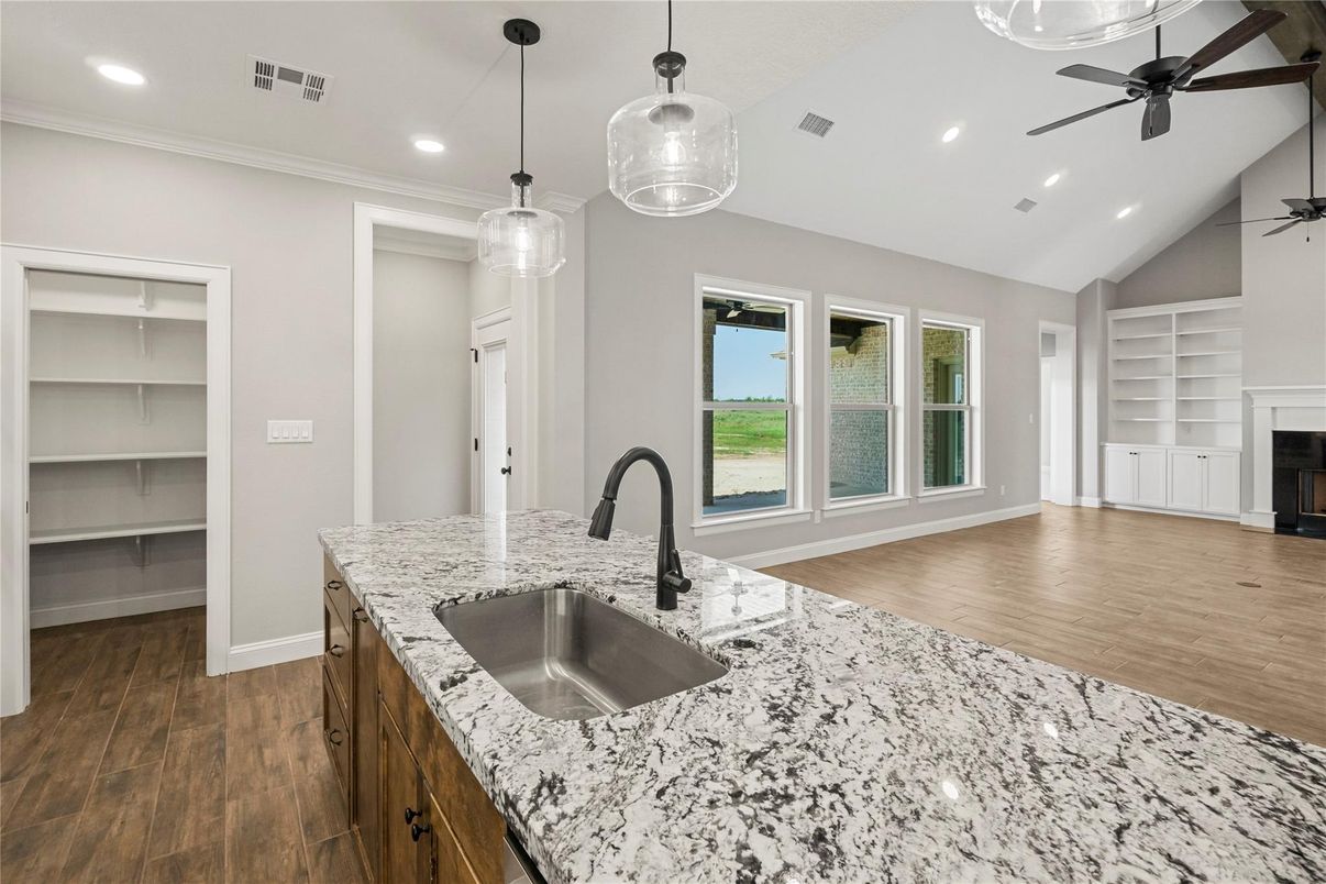 Fireplace, Interior, Pendant Lights, Recessed Lighting, Wood Texture Flooring