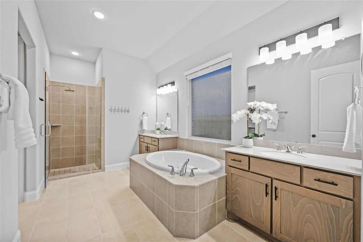 Bathroom, Dual Sink Vanities, Glass Shower, Interior, Recessed Lighting