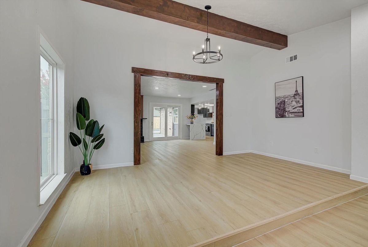 Chandelier, Empty room, Interior, Pendant Lights, Recessed Lighting, Wooden Beams, Wood Texture Flooring